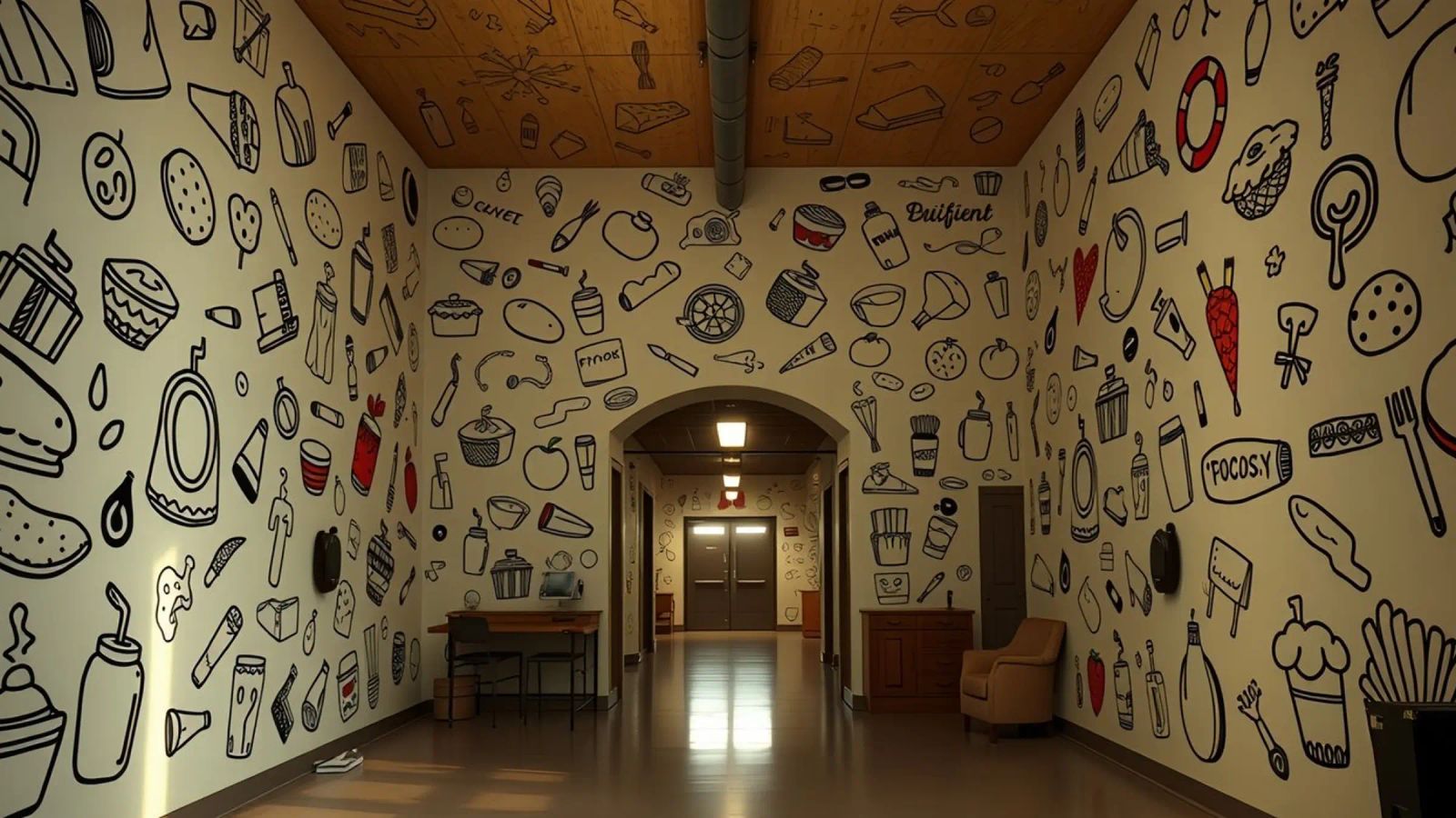 Mural con ilustraciones de comida y bebida en un hallwa poster de DesignDoodle