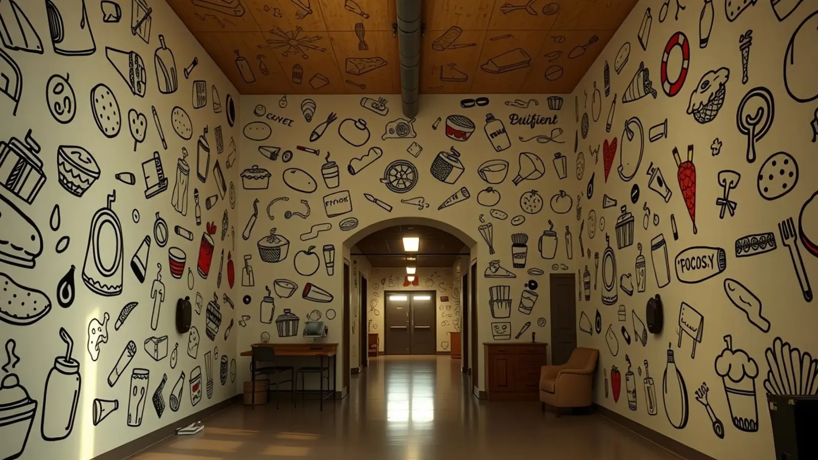 Murale con illustrazioni di cibi e bevande in una hallwa pellicola backlit da DesignDoodle