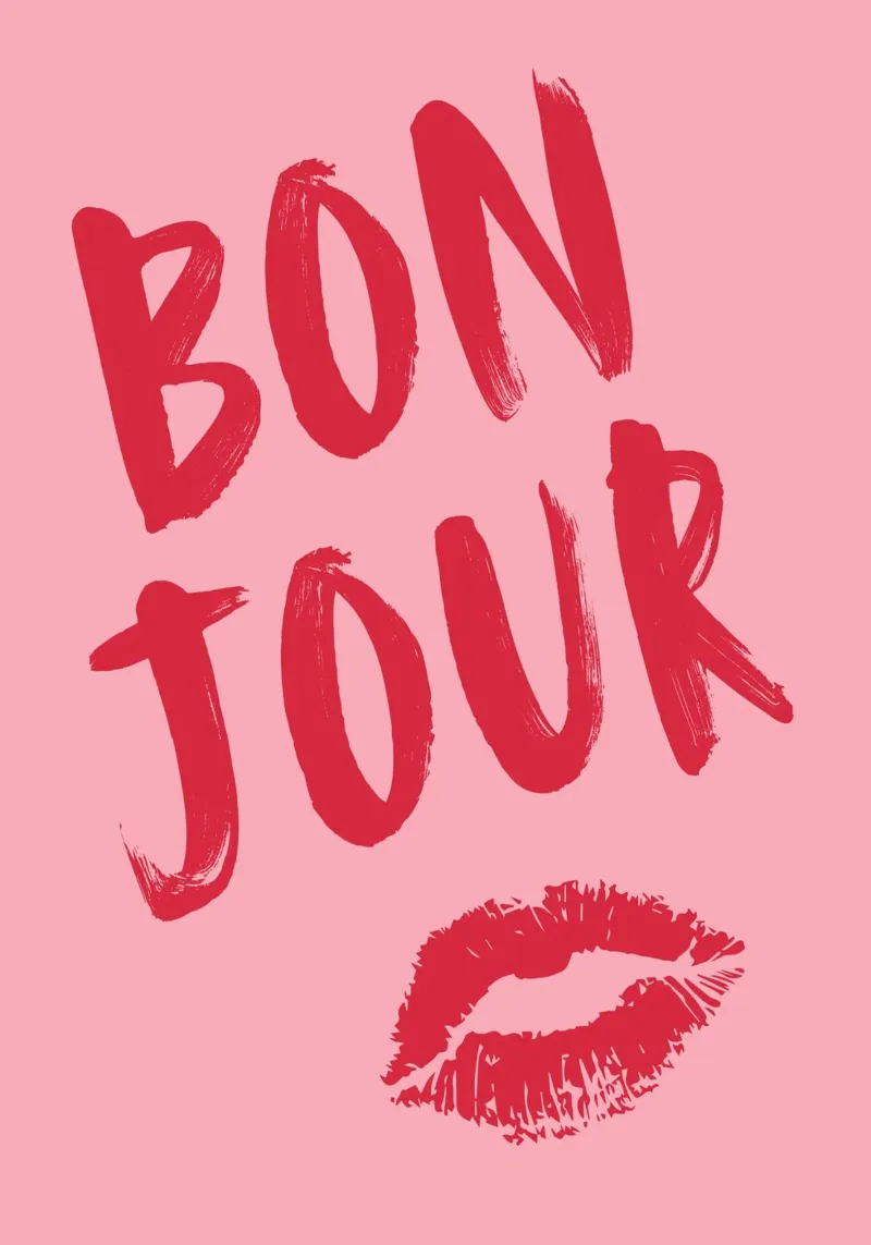 Bold Red "Bonjour" Text with Lip Print on Pink Background canvas by pdigitalprints