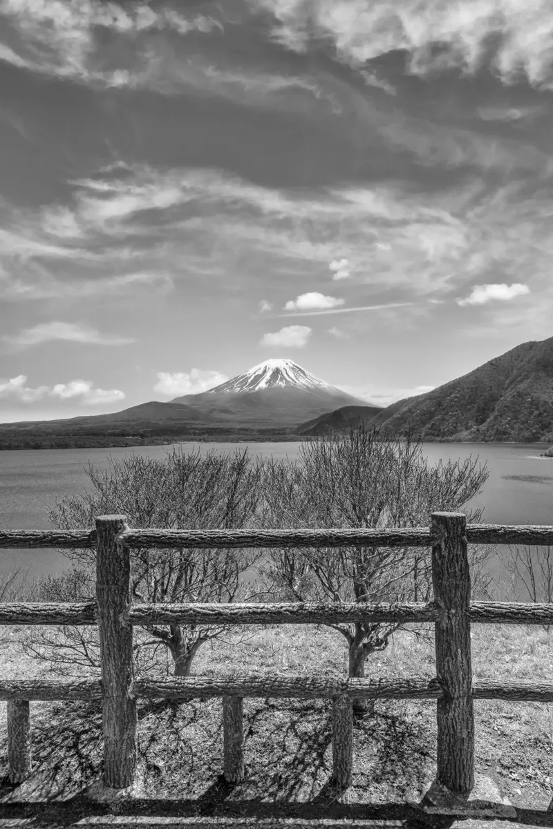 Lago di Motosu con Fuji | monocromatico poster con telaio in legno da Melanie Viola