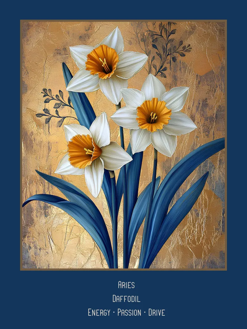 Las flores de los signos del zodiaco: Aries - Narciso poster con marco de madera de Art-Nouveau-Dsg