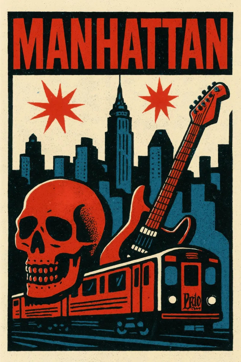 Manhattan - Chitarra, teschio e metropolitana: l'anima del rock newyorkese poster con telaio in alluminio da JETLAG | affiches voyage
