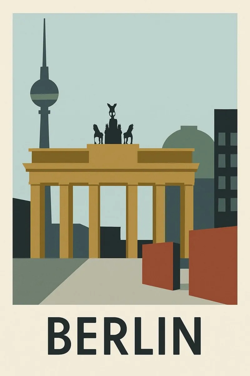 Berlin in clear lines - The Wall, the Gate and the Tower canvas by JETLAG | affiches voyage