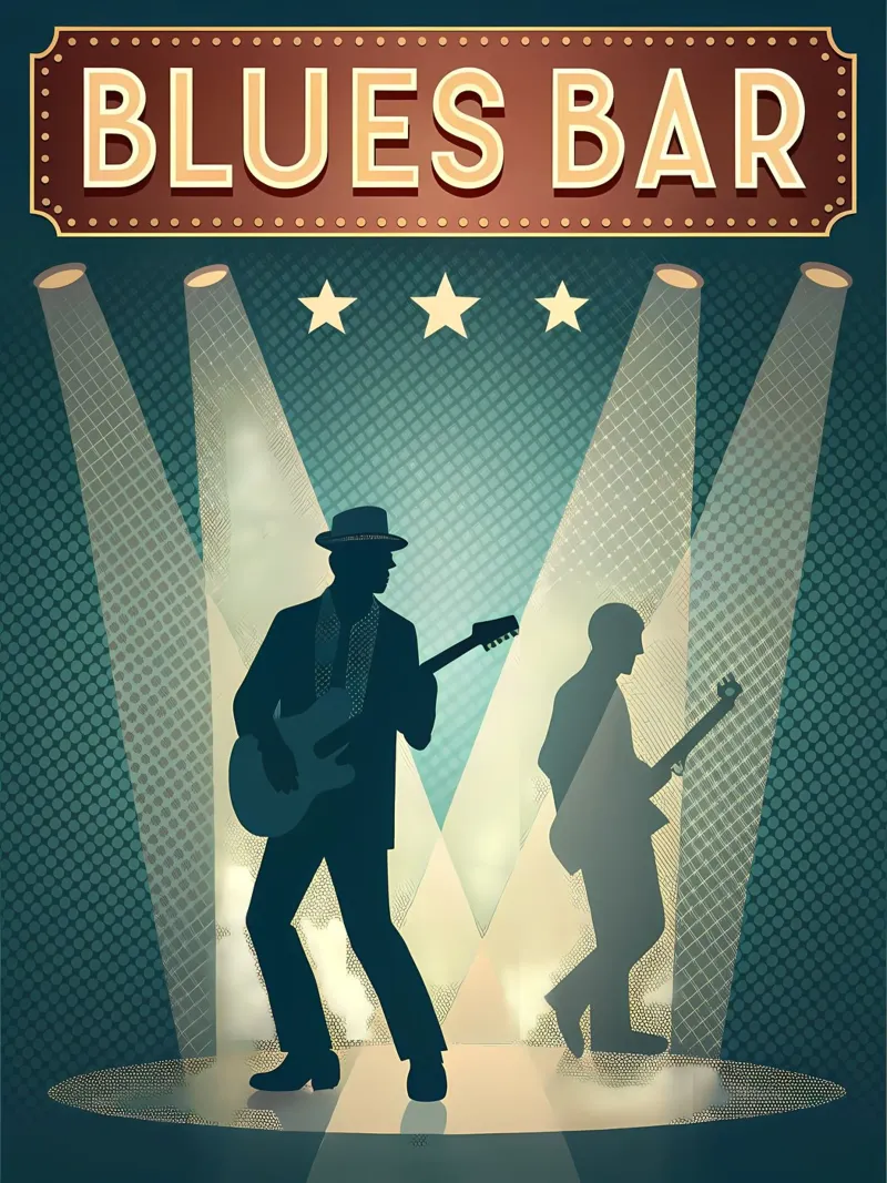 Retro Blues Bar Live Muziek Kunst canvas met Baklijst van Jester Krew Art
