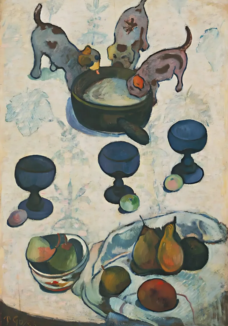 Stilleven met drie puppy's, Paul Gauguin canvas van tokovictory