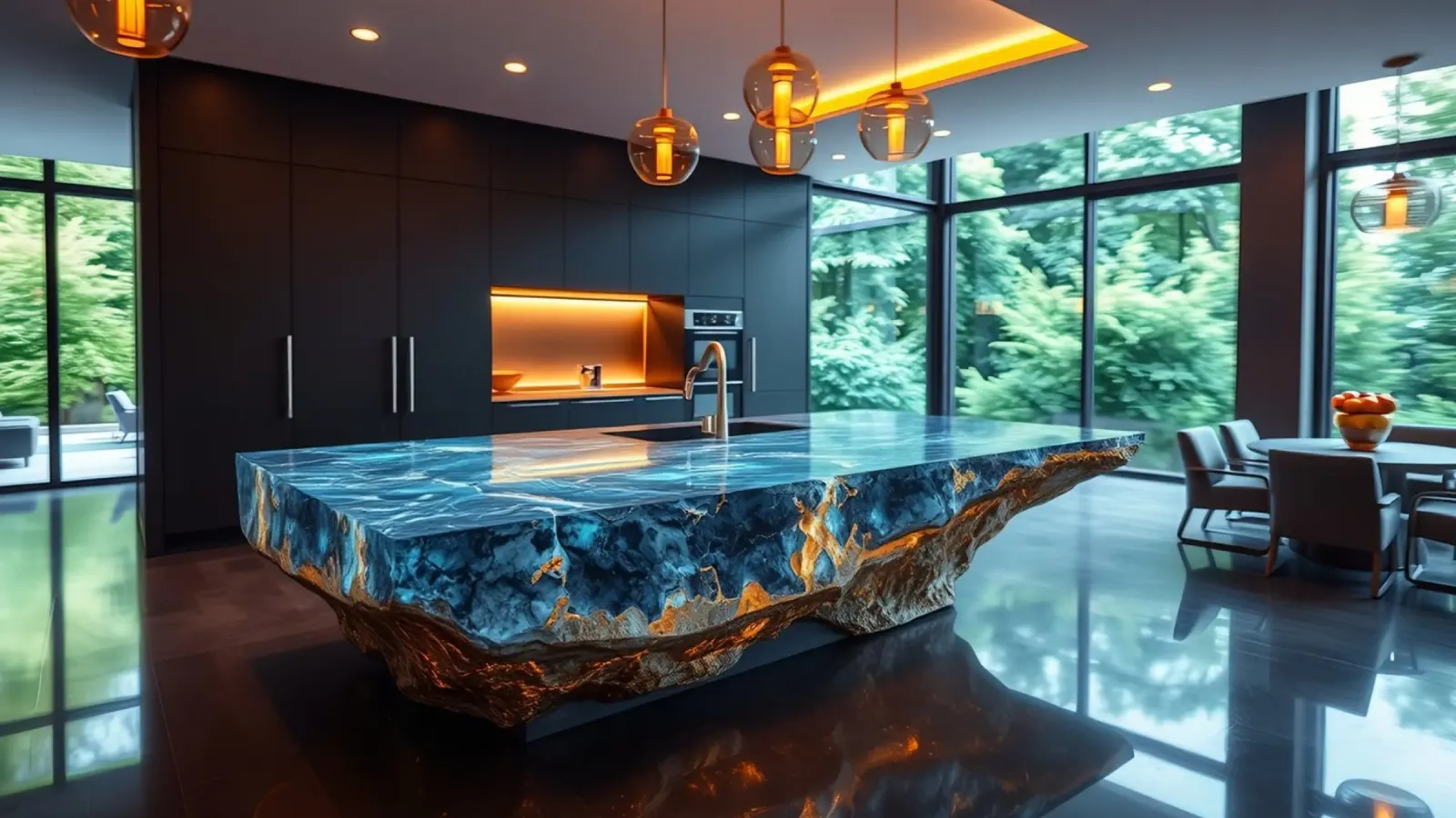 Cucina moderna con piano d'appoggio blu di grande effetto pellicola backlit da DesignDoodle