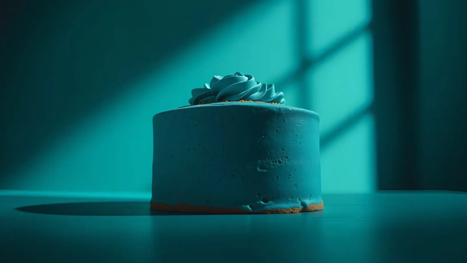 Delicata torta blu illuminata da una luce soffusa in un ambiente minimalista. carta hahnemühle da DesignDoodle