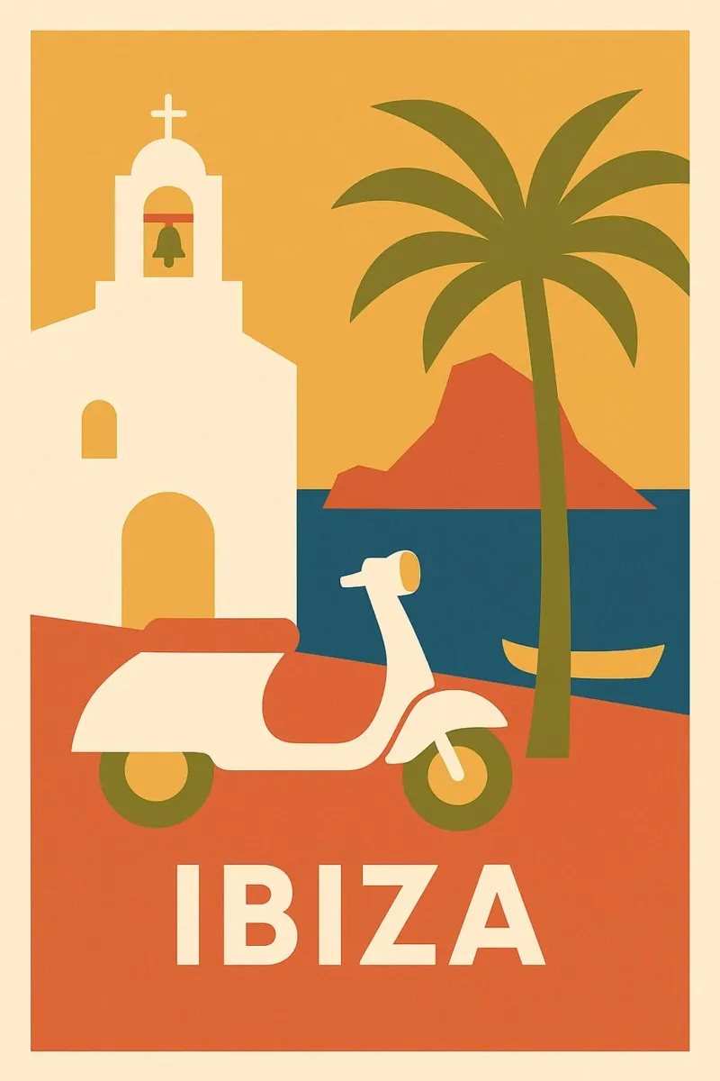 Ibiza – Soleil pop et esprit libre en version vintage poster avec cadre en bois de JETLAG | affiches voyage