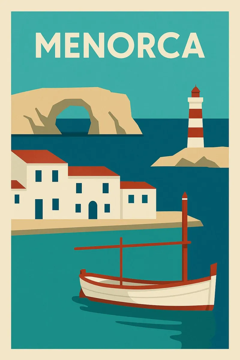 Minorca - Una fuga grafica sotto il sole delle Baleari poster con telaio in alluminio da JETLAG | affiches voyage