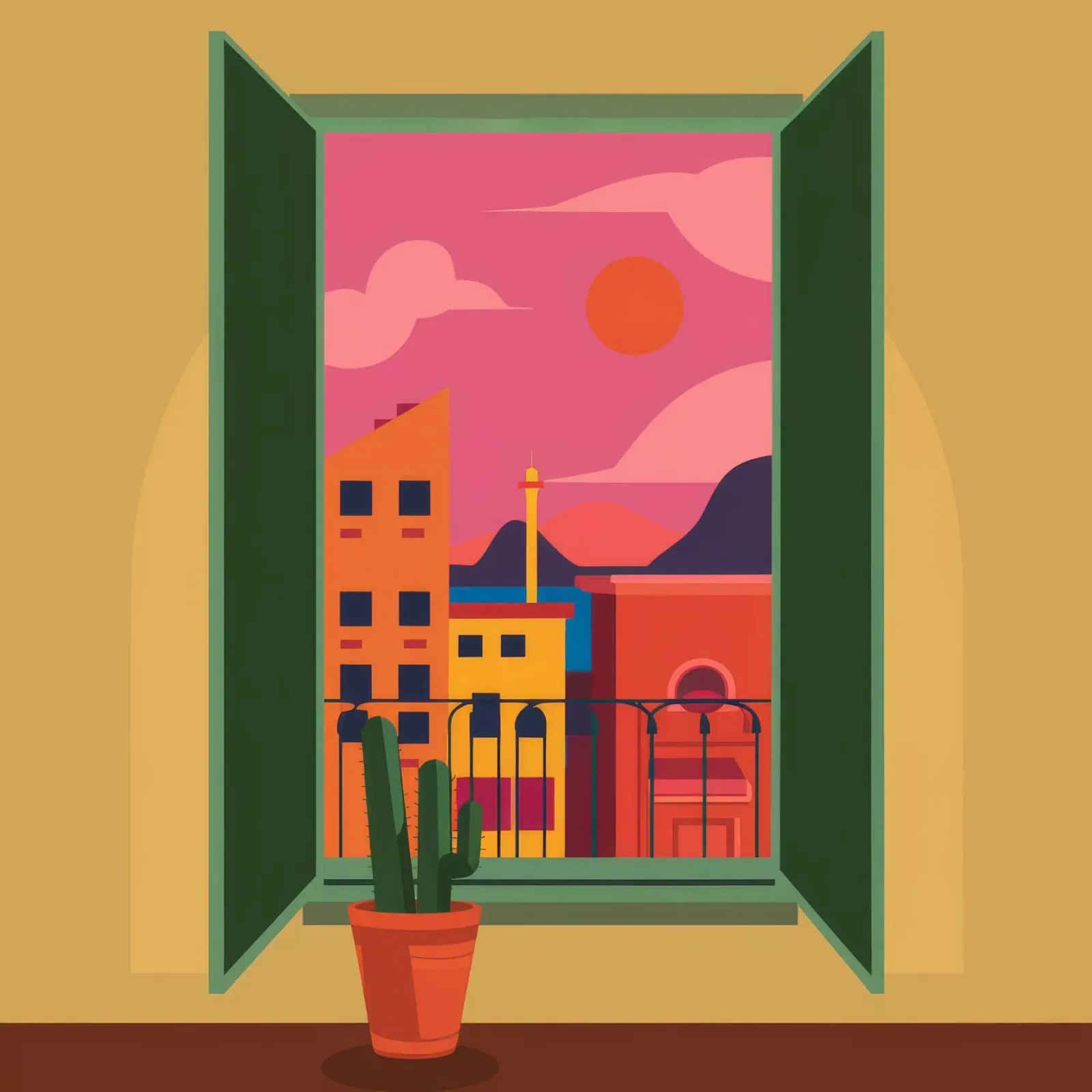 Serenità del balcone al tramonto poster con telaio in plastica da Ember Stone
