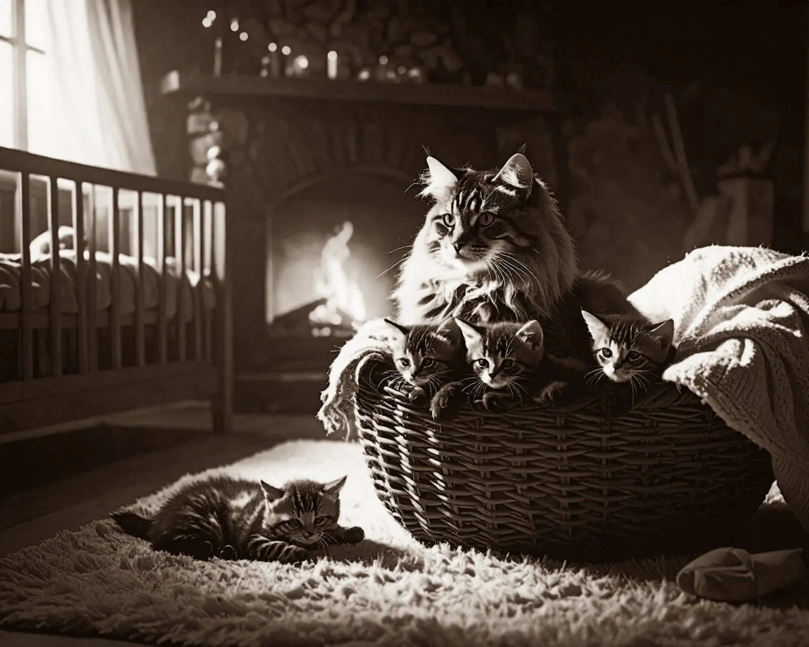 CHATTE ET QUATRE CHATONS. Sépia pannello forex da Thierry vobmann photography