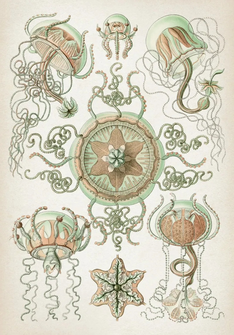 Vintage Haeckel 3 Tafel 26 Kolbenquallen poster con telaio in legno da Vintage Print Collection