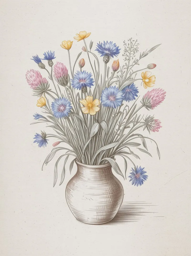Wilde bloemen in vaas - Handgetekende botanische kunst canvas met Baklijst van logic