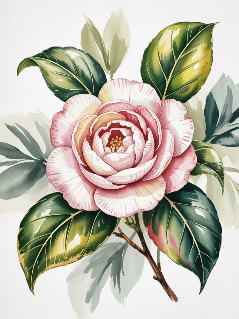 Fiore di camelia - Illustrazione botanica ad acquerello pellicola backlit da logic