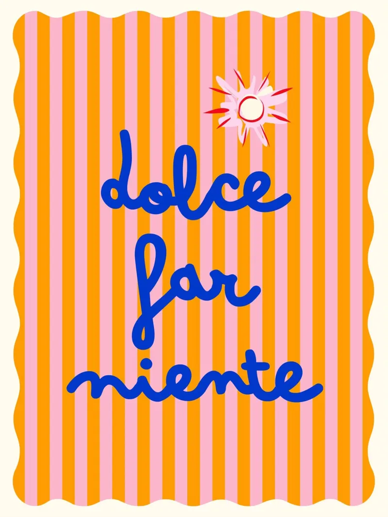Tipografia Dolce Farniente con sole su strisce rosa-arancio poster con telaio in plastica da Dominique Vari Words