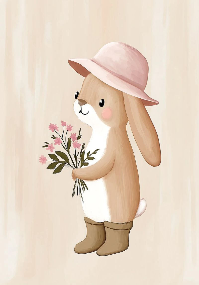 Cute Bunny with Flowers, Nursery Print for Girls Playroom poster by Little Lola