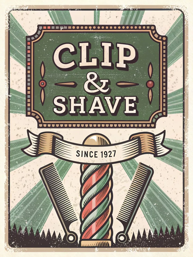 Insegna retrò del barbiere Clip & Shave poster da Jester Krew Art