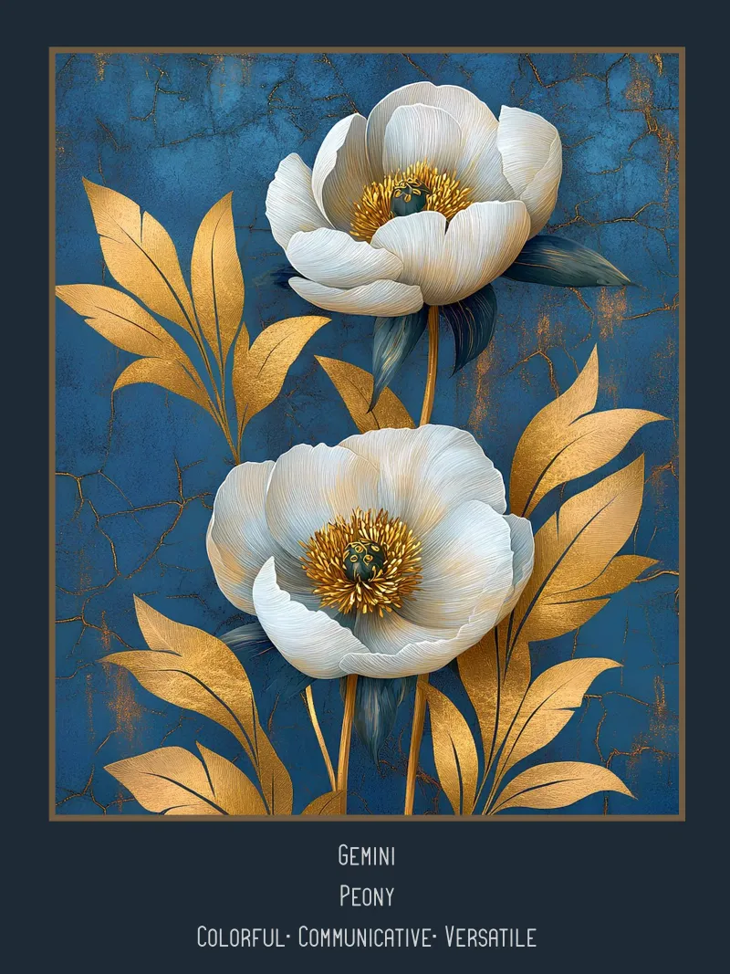 The flowers of the zodiac signs: Gemini - Peony poster with wooden frame by Art-Nouveau-Dsg