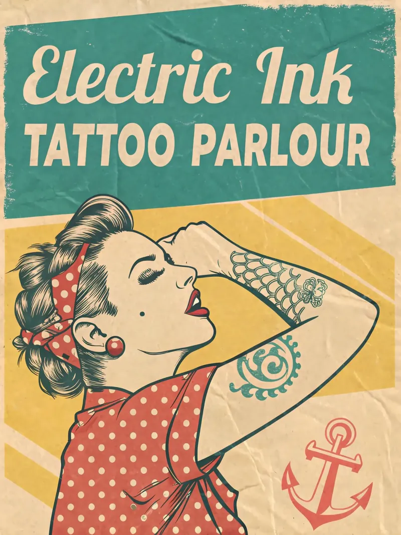 Tatuaggio retrò Electric Ink Parlour Pin-Up Art poster con telaio in legno da Jester Krew Art