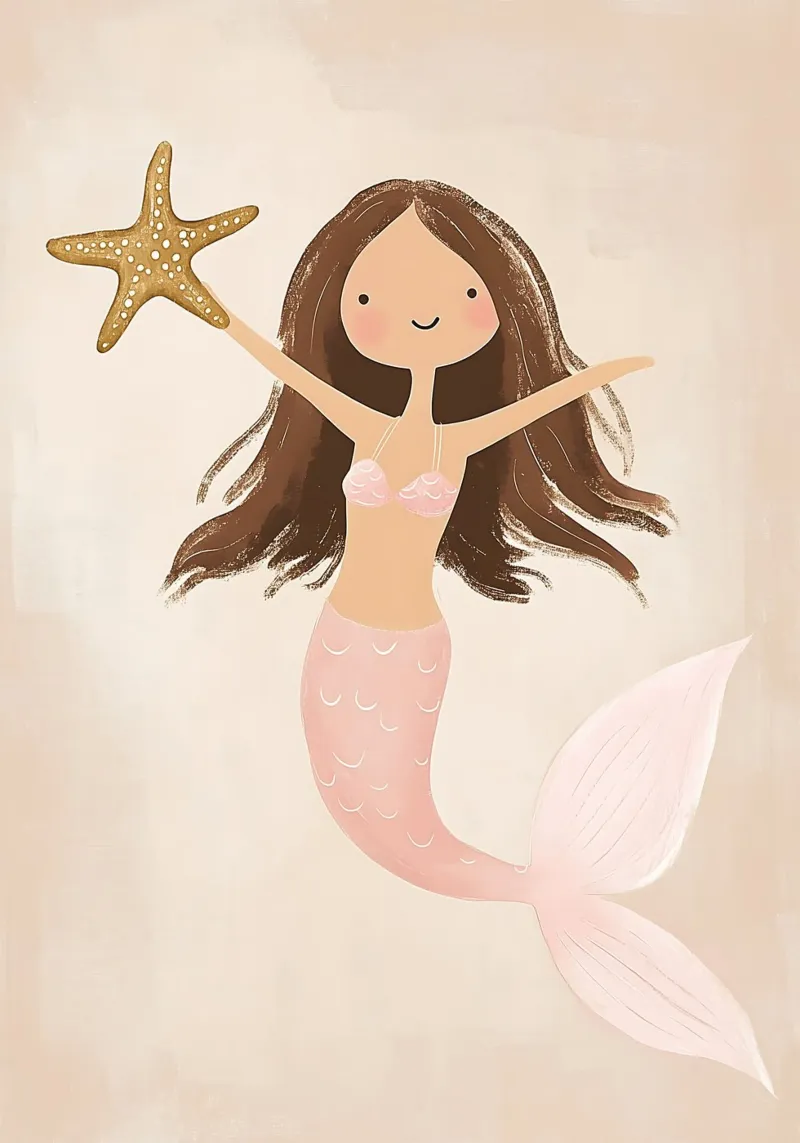 Stampa di una simpatica sirena, decorazione della stanza dei giochi, arte murale della nursery poster con telaio in plastica da Little Lola