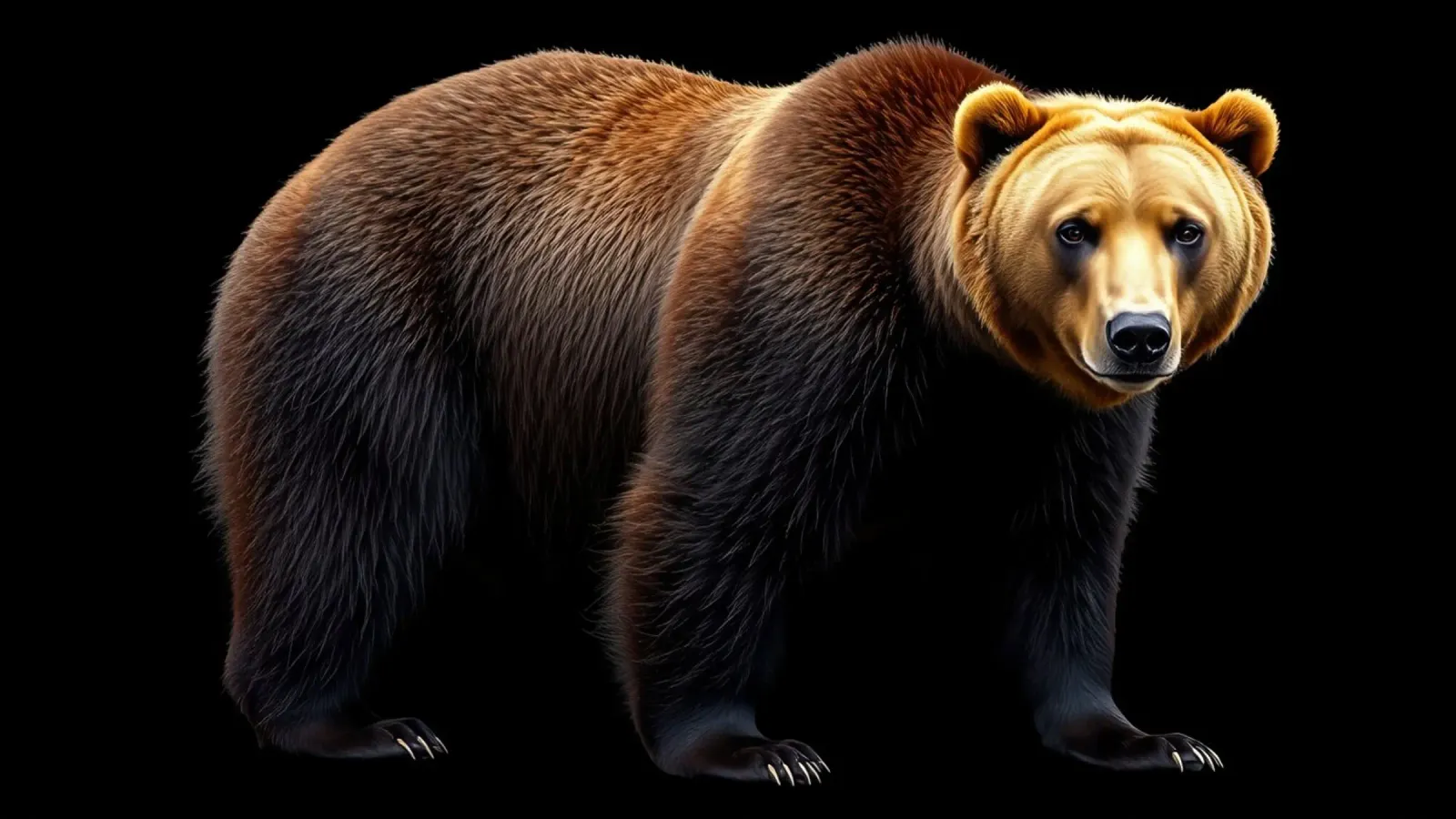 orso bruno in piedi a quattro zampe su sfondo nero pellicola backlit da DesignDoodle