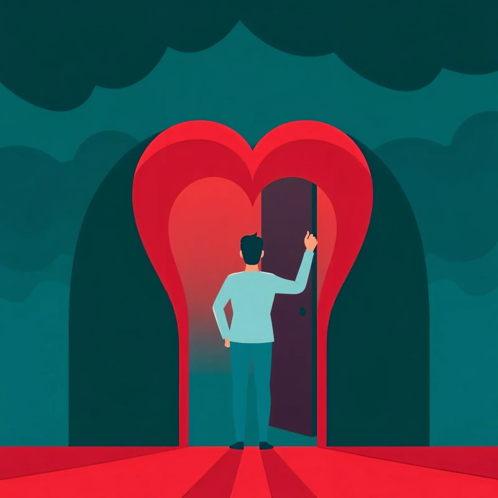Uomo in piedi davanti a una porta a forma di cuore, per abbracciare l'amore pellicola backlit da DesignDoodle