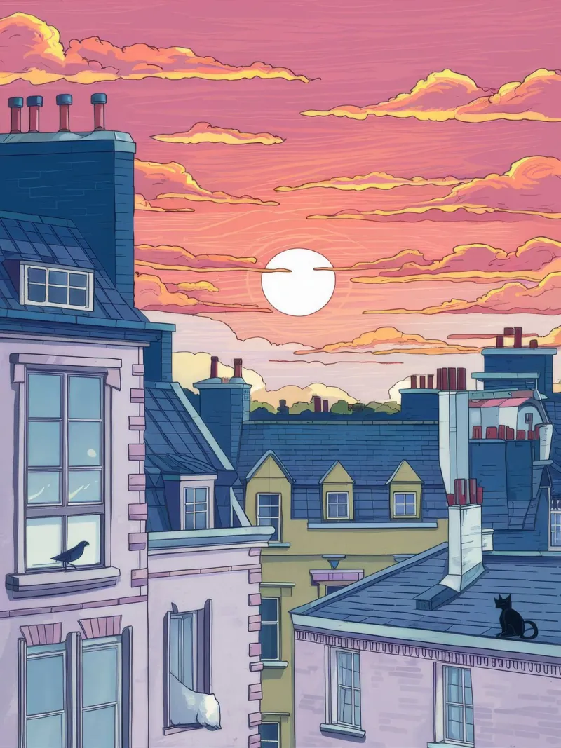 Vue sur les toits au coucher du soleil poster avec cadre en aluminium de Aurora Muse