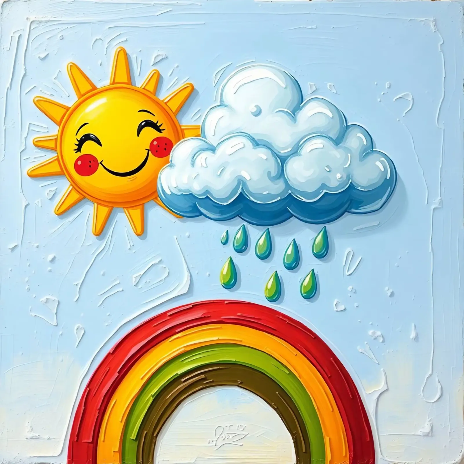 Sole allegro e nuvole giocose con l'arte dell'arcobaleno poster con telaio in plastica da DesignDoodle