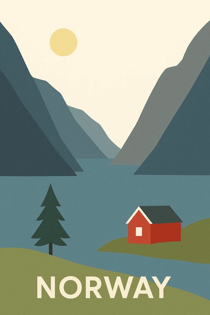 Norwegen - Stiller Fjord und Scharlachrote Hütte Poster von JETLAG | affiches voyage