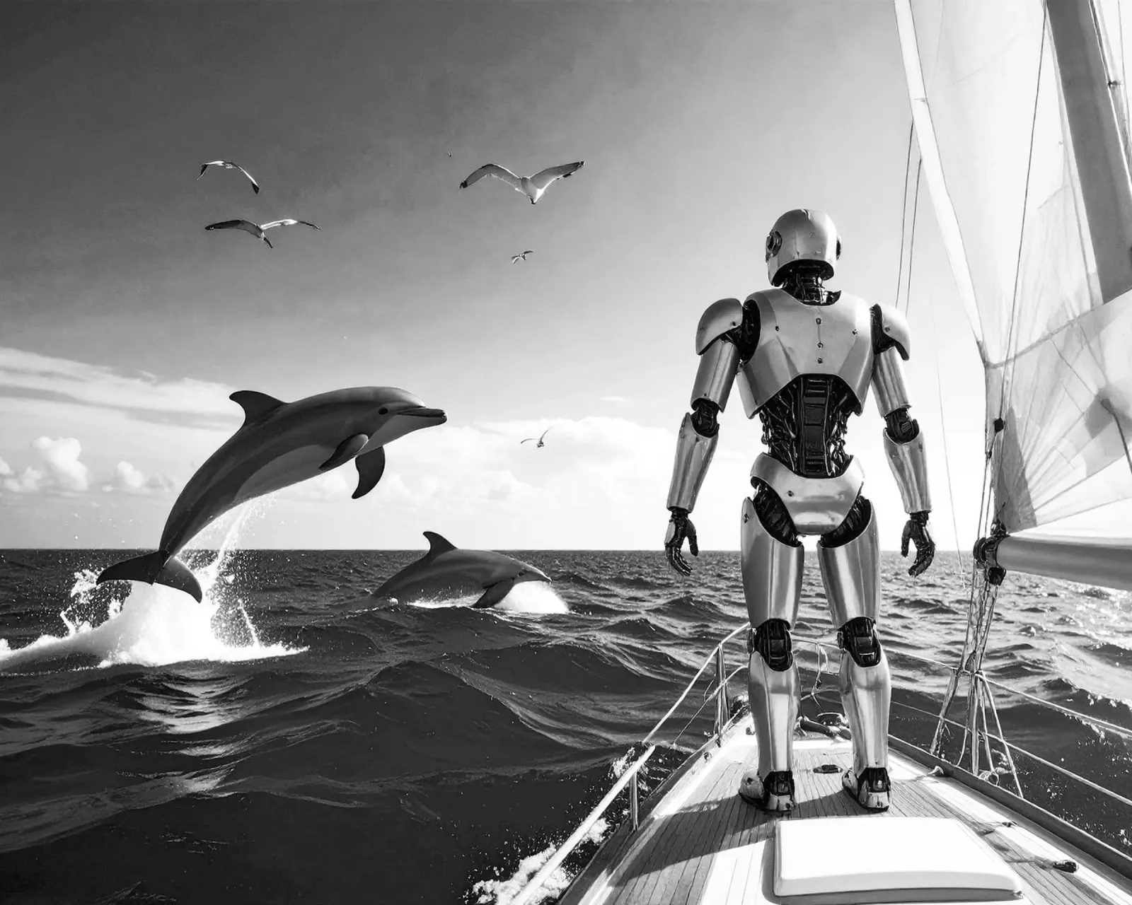 Robot sur un voilier. Noir et blanc. metacrilato de Thierry vobmann photography