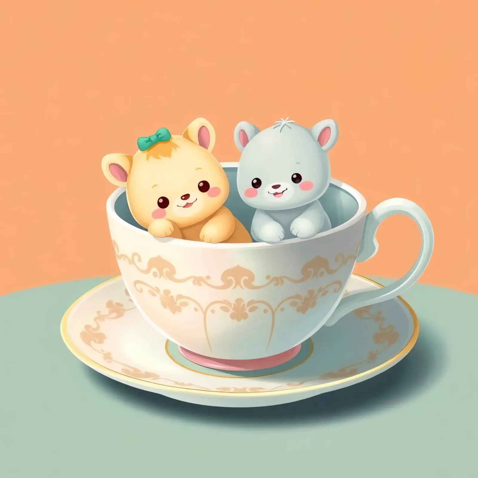 Cute animal characters relaxing together in a teacup against canvas with Floater frame by DesignDoodle