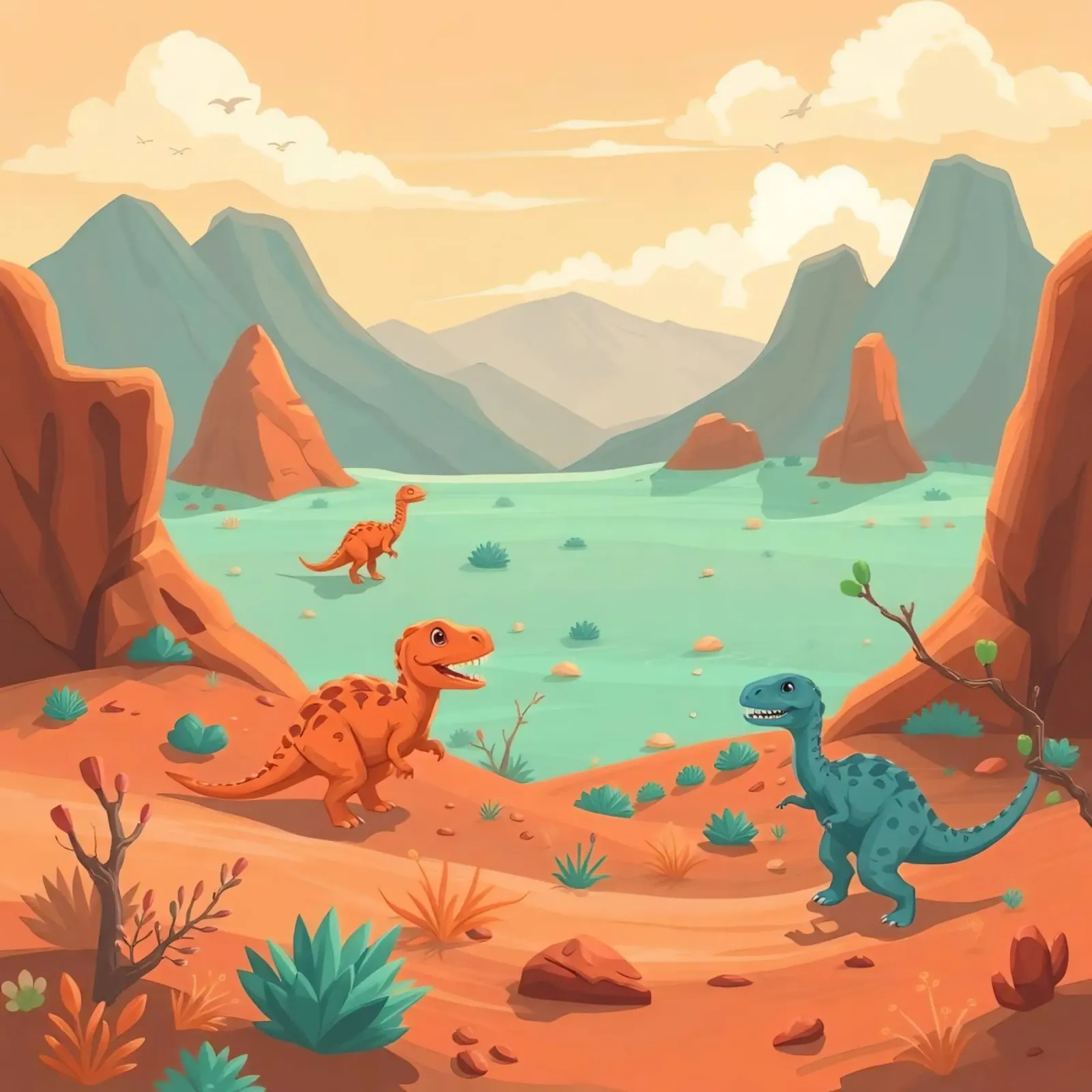 Dinosaurussen in een rotslandschap bij een sereen meer canvas met Baklijst van DesignDoodle
