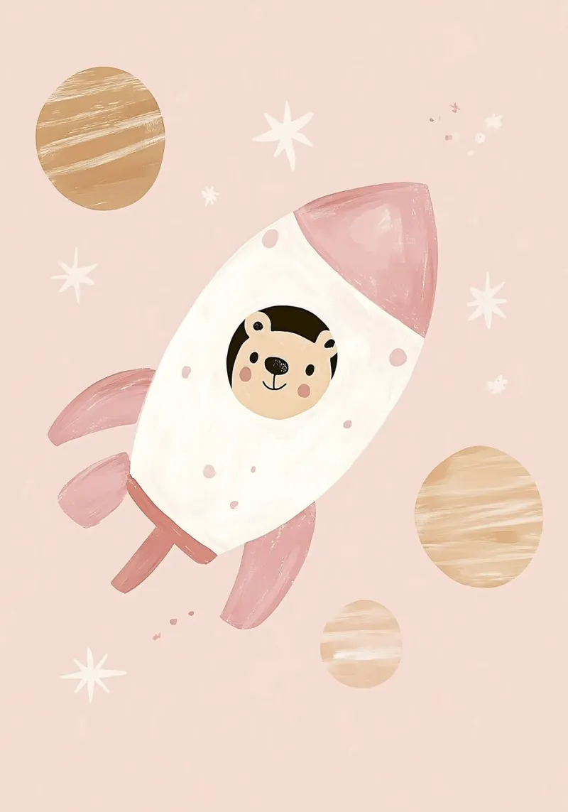 Ourson mignon dans l'espace, affiche de fusée, impression de chambre d'enfant, art de l'espace poster avec cadre en bois de Little Lola