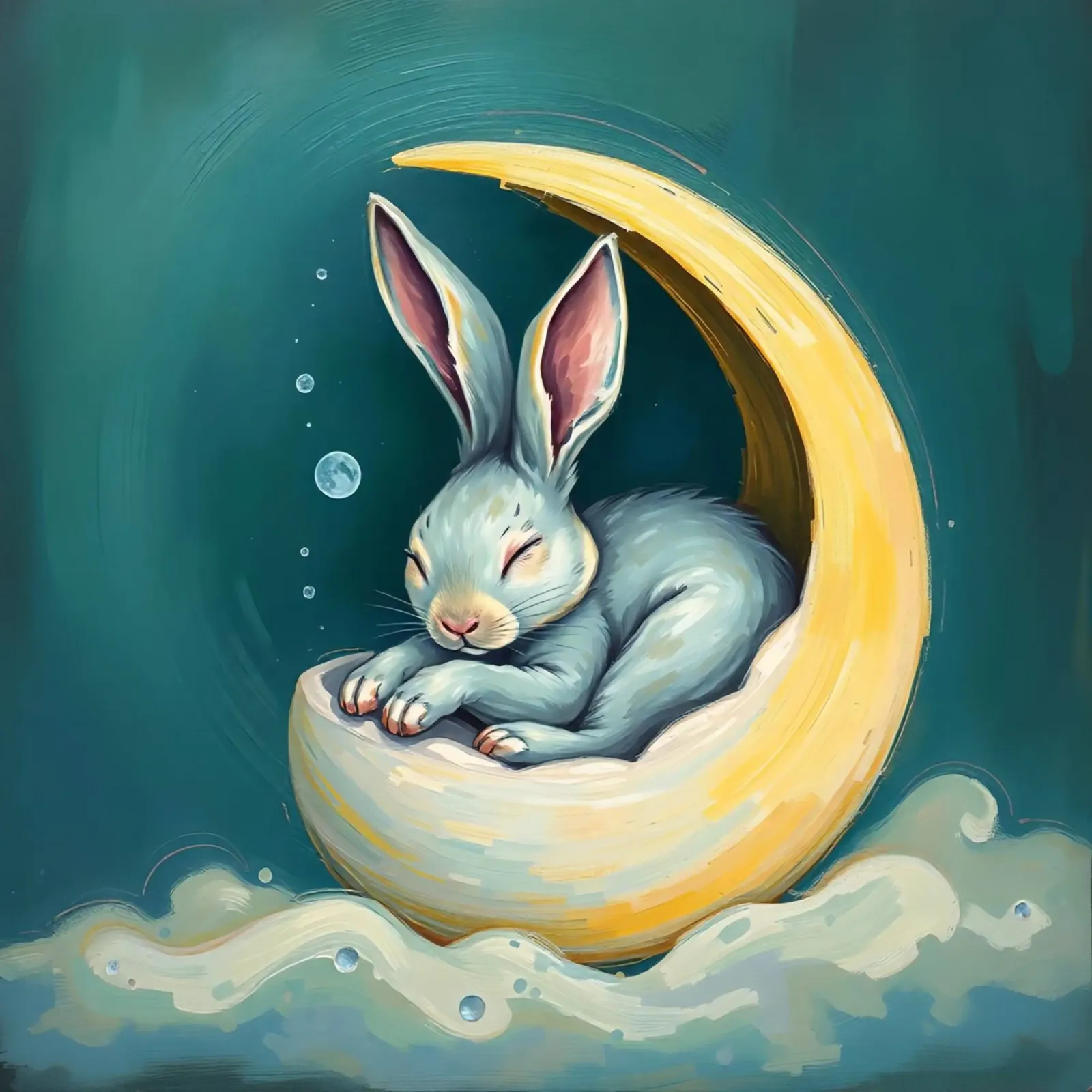 Sleeping bunny nestled in crescent moon with gentle clouds canvas by DesignDoodle