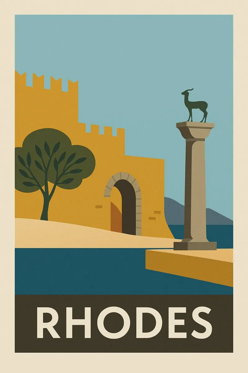 Rodi - Storia e luce in un poster greco retrò pellicola backlit da JETLAG | affiches voyage