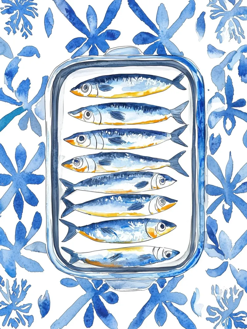 Sardines Fish Mediterranean Tile Boho Florals Bella Vita Art poster con telaio in plastica da Gentle Echoes Art