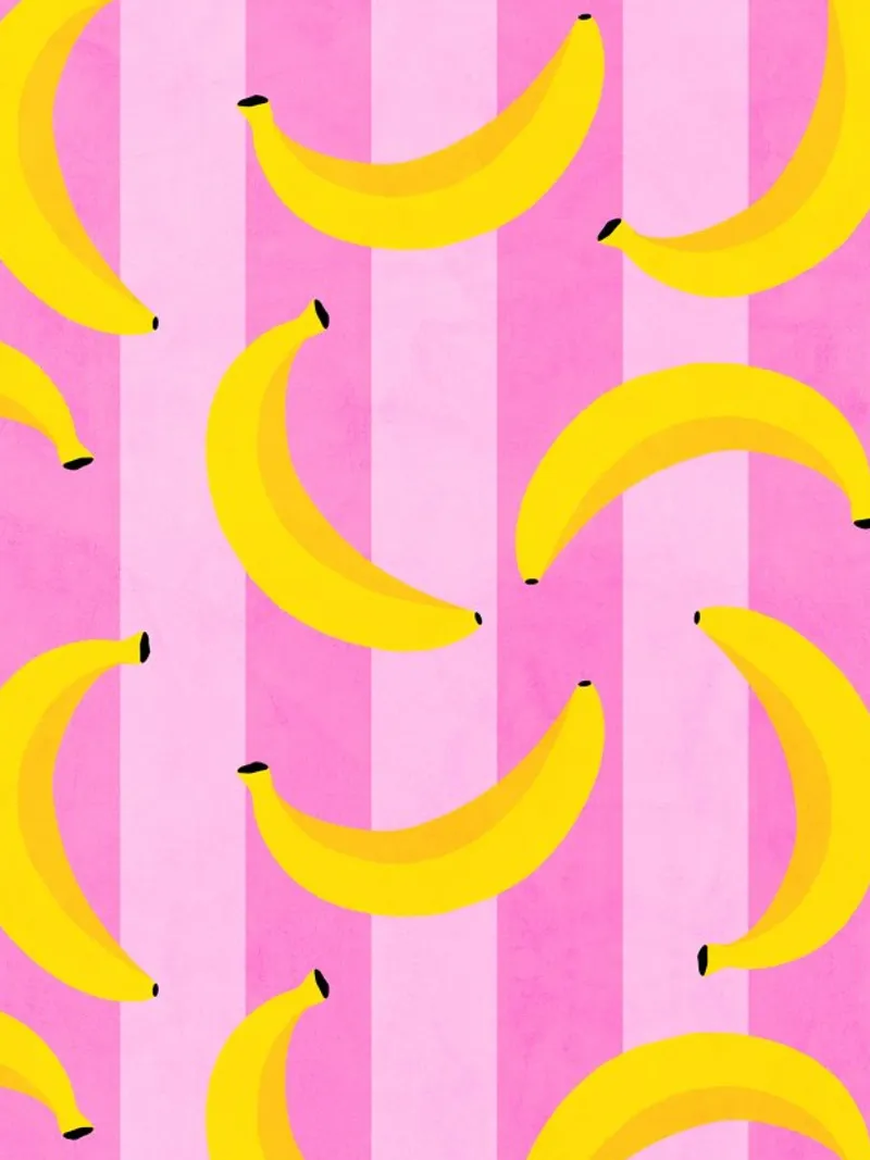 Motif de bananes néon sur rayures roses poster avec cadre en bois de Dominique Vari
