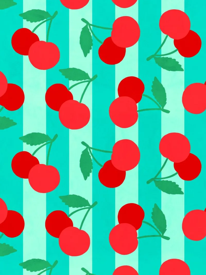 Bold Cherries Pattern on Aqua Turquoise Stripes poster by Dominique Vari