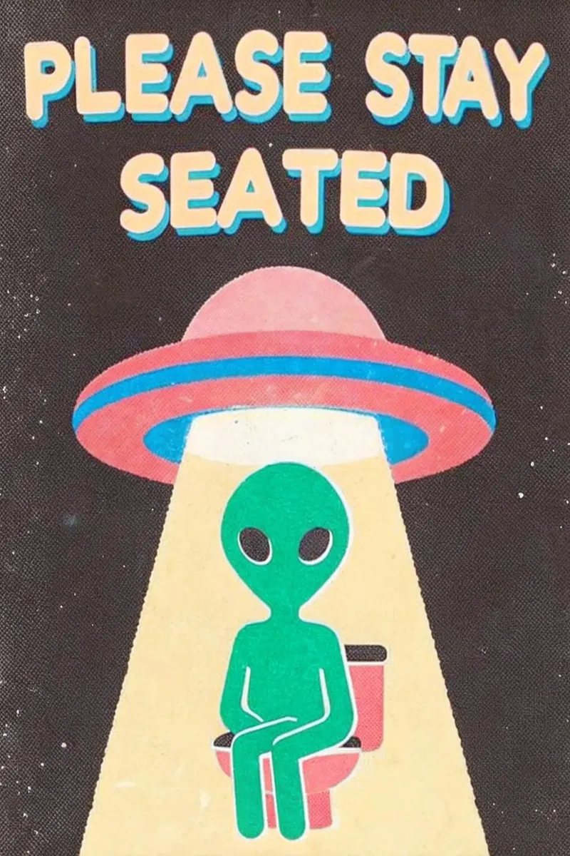 blijf alstublieft zitten grappig buitenaards toilet poster met aluminium frame van ralliness