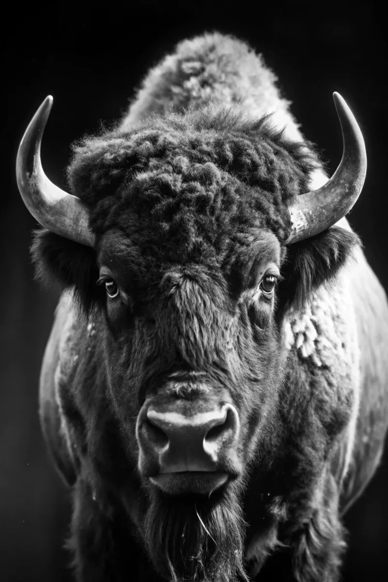 bizon gezicht zwart-wit dierenfotografie canvas met Baklijst van kanayaa