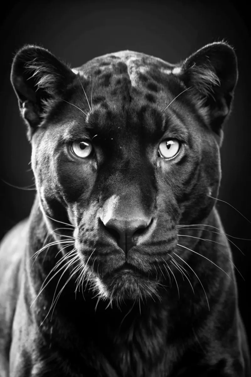 faccia di pantera nera fotografia animale in bianco e nero poster con telaio in alluminio da kanayaa