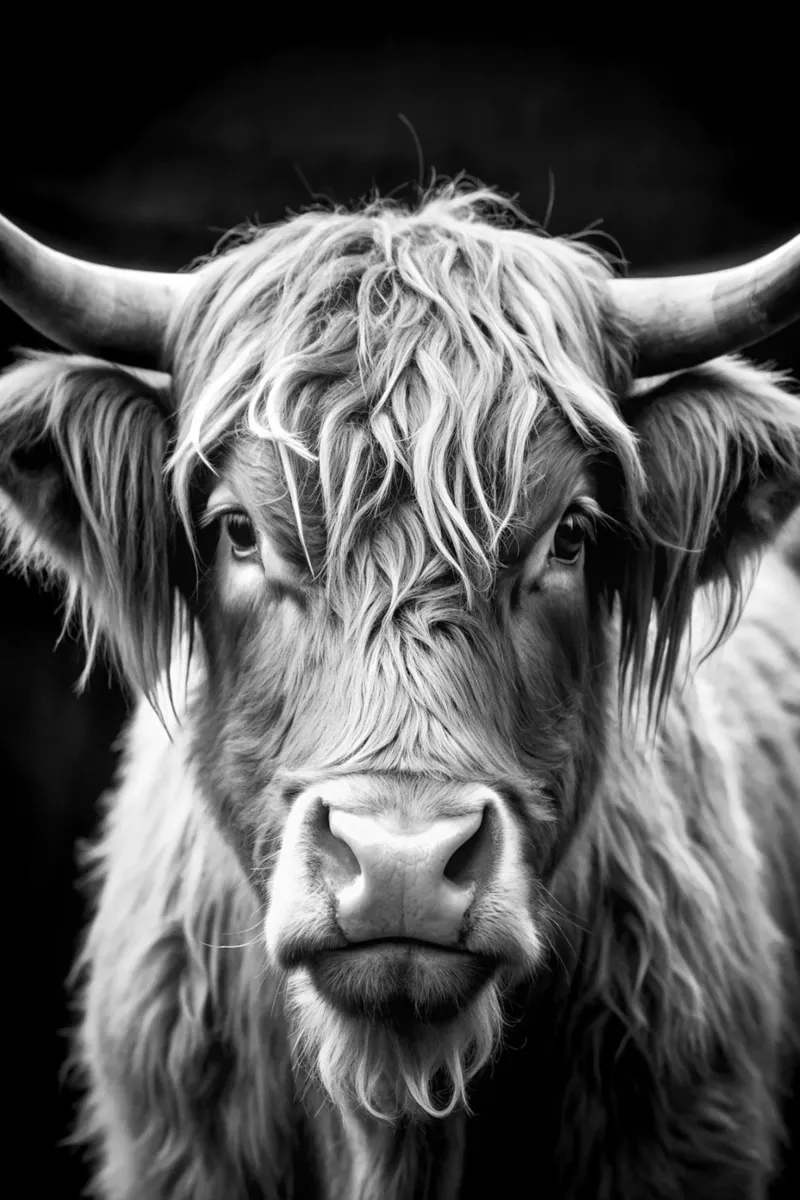 visage de vache des Highlands photographie d'animaux en noir et blanc poster de kanayaa