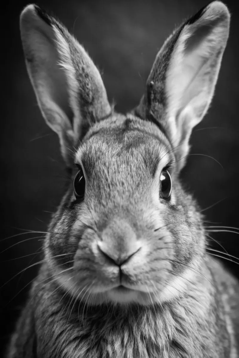 faccia di coniglio fotografia animale in bianco e nero poster con telaio in plastica da kanayaa