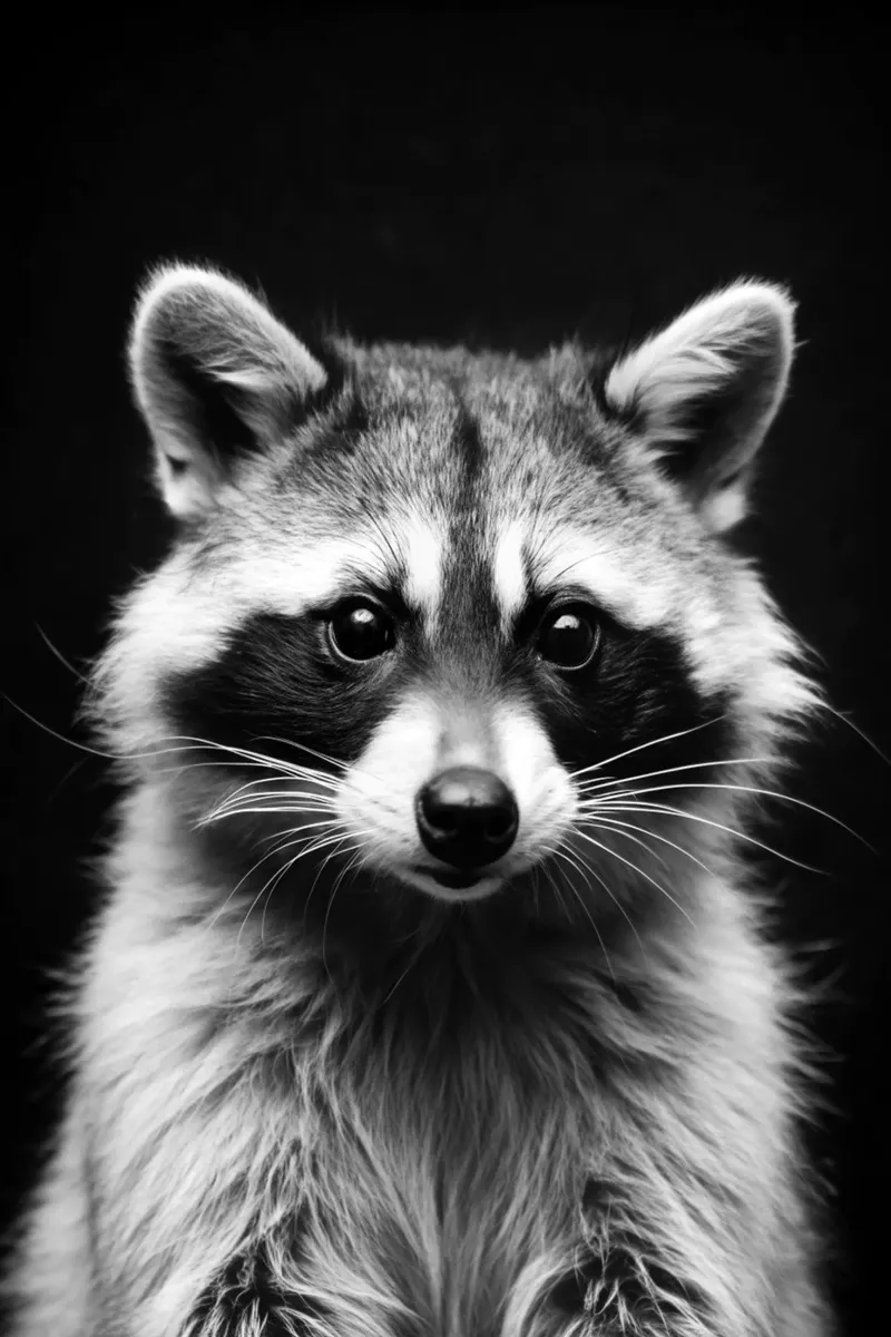 visage de raton laveur photographie animalière noir et blanc poster avec cadre en aluminium de kanayaa