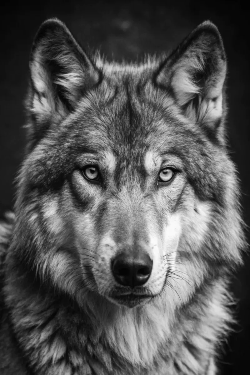 wolfsgezicht zwart-wit dierenfotografie canvas met Baklijst van kanayaa