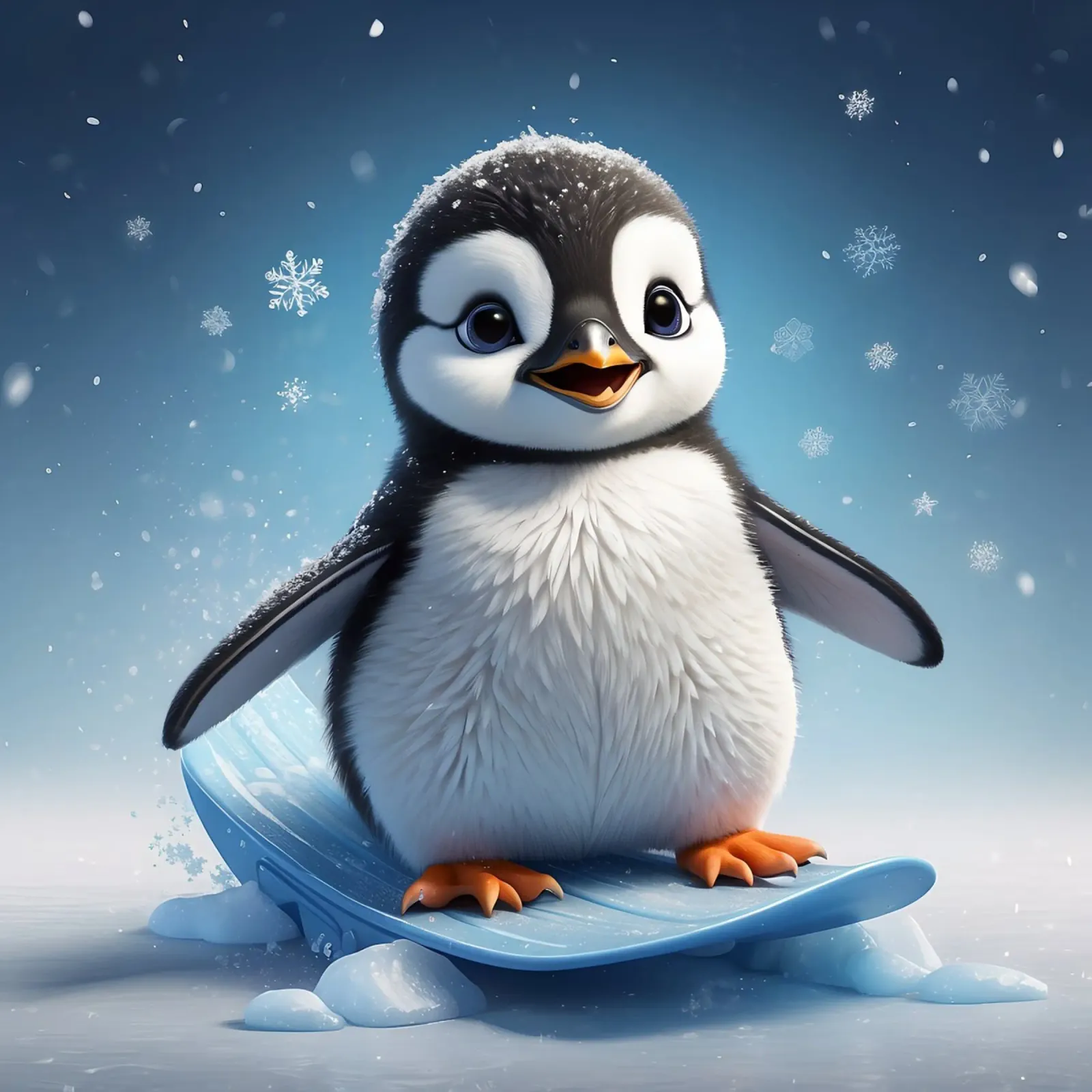 Un pingouin heureux glisse sur une pente de glace tandis que les flocons de neige s'envolent doucement. hahnemühle de DesignDoodle