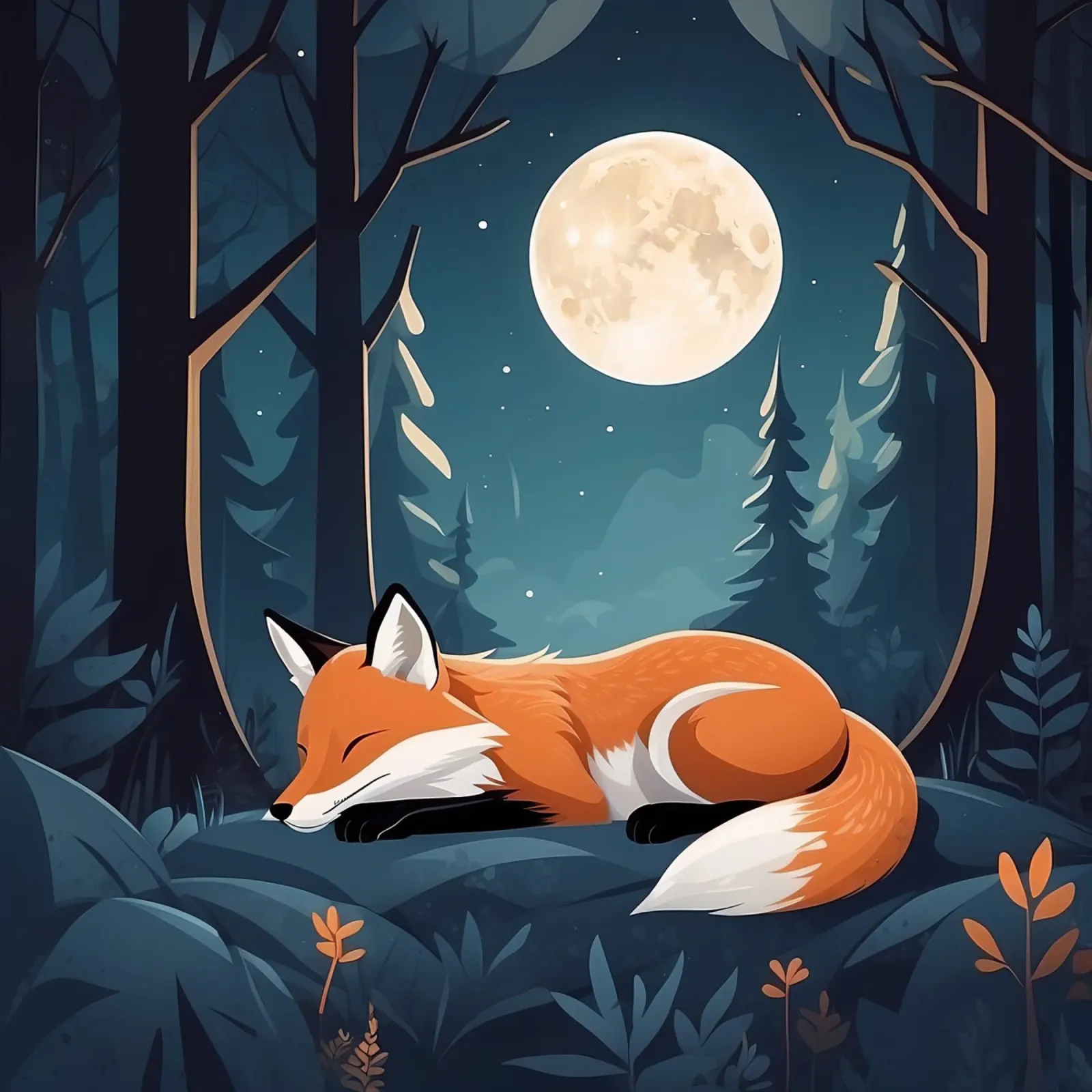 La volpe riposa tranquillamente al chiaro di luna in una fitta foresta pellicola backlit da DesignDoodle