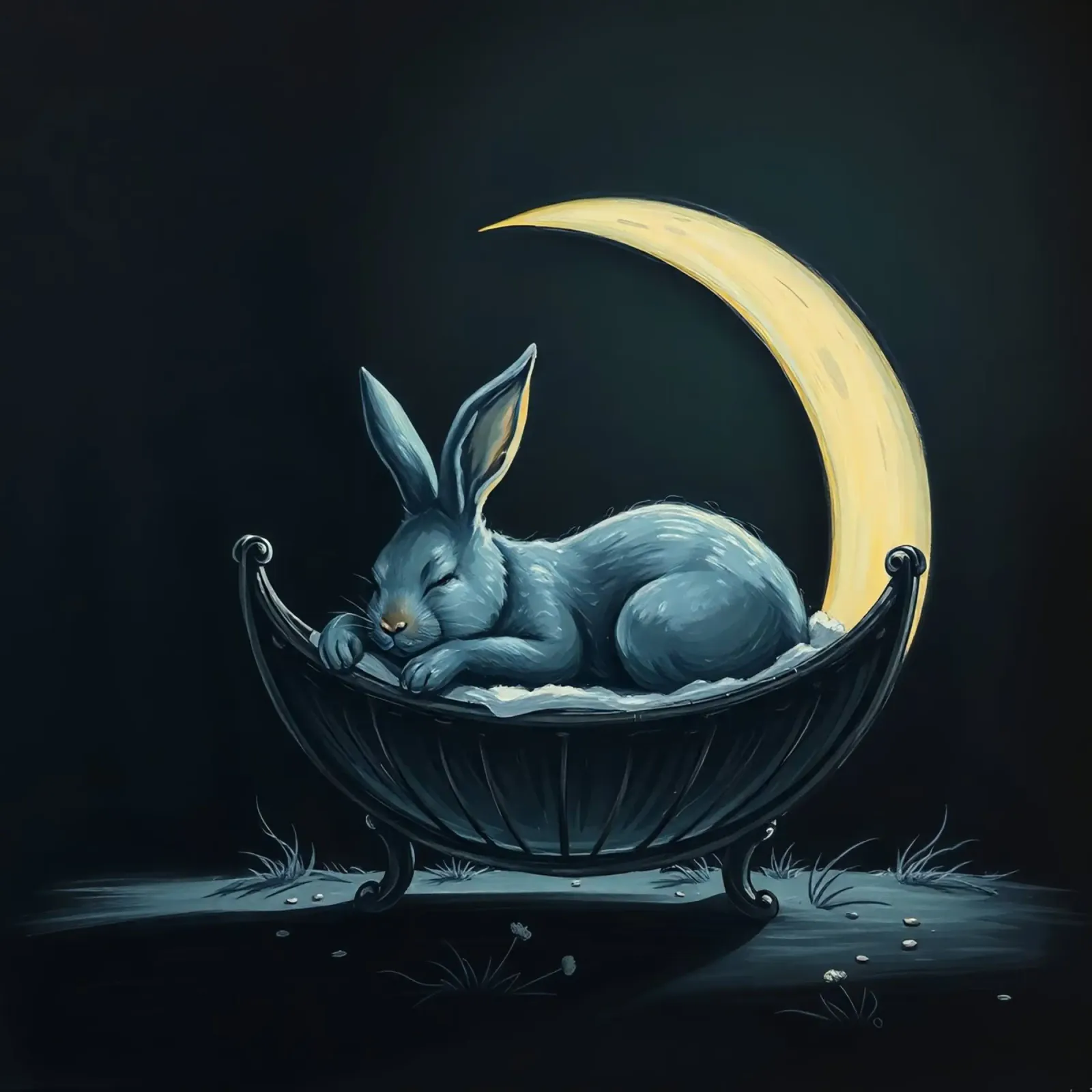 Scène nocturne représentant un lapin paisiblement endormi dans un berceau hahnemühle de DesignDoodle