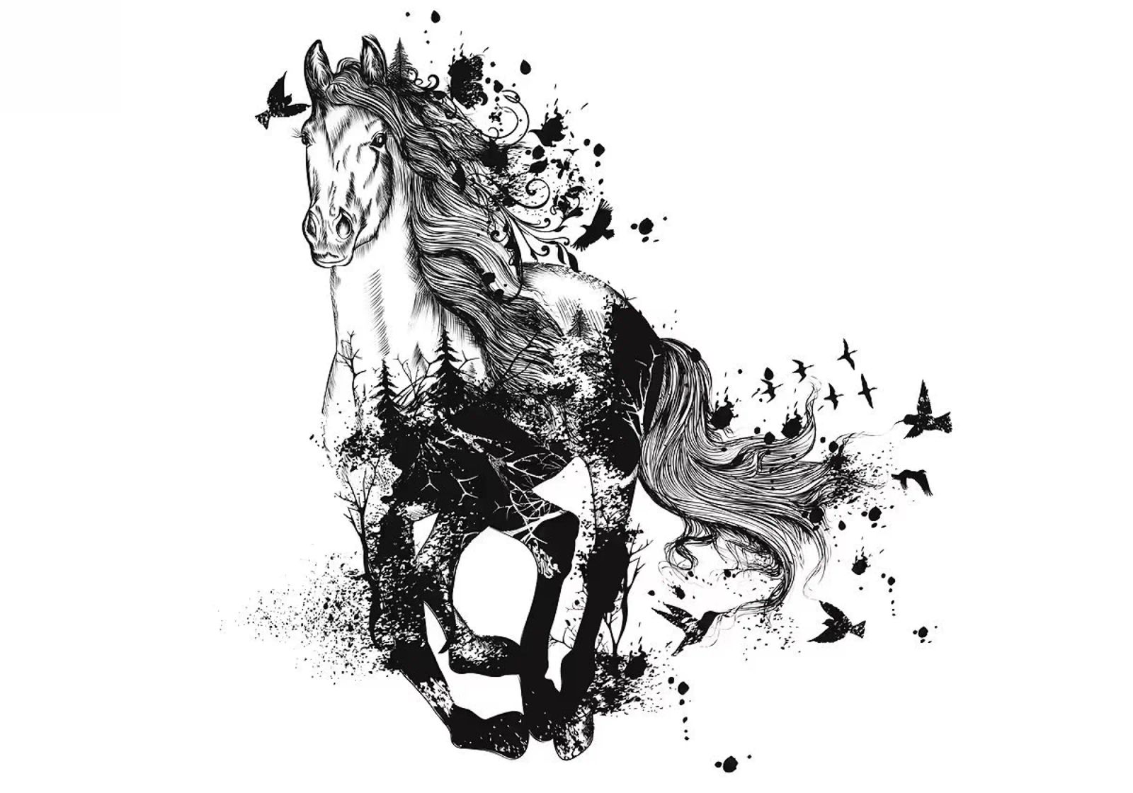 horse birds feathers ink splatter mane nature poster by Minimalist Shop