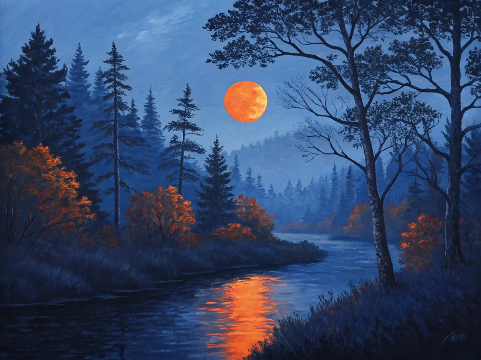 Un paesaggio notturno sereno con una luna arancione gigante e un sussurro poster con telaio in plastica da Artistic-shop